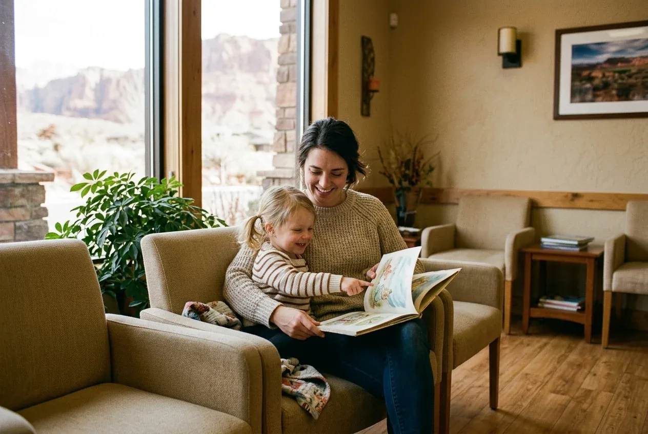 An adult and child reading a book together in a waiting room armchair.